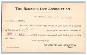 Des Moines IA Creston IA Postal Bankers Life Association $140.11 Balance 1903