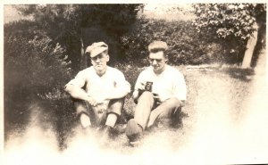 Vintage Postcard 1900's Two Gentlemen Like Brother Sitting Down on Grass Outside