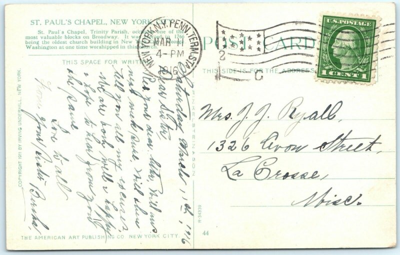 c1910s New York City St Paul Chapel Litho Photo Postcard Penn Station Cancel A34