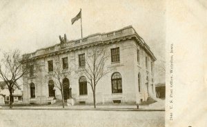 1910 WATERLOO IOWA*U S POST OFFICE BUILDING*AMERICAN FLAG*PEARSON-ULLBERG CO