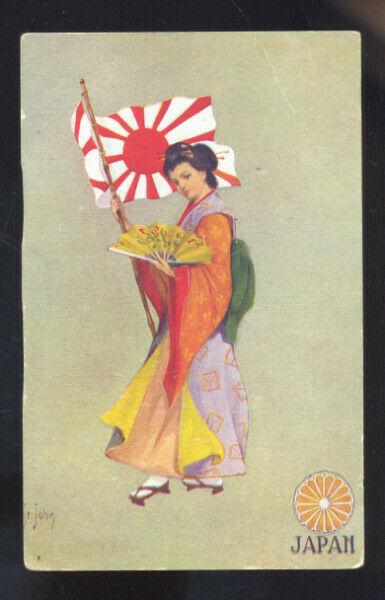 JAPAN JAPANESE GEISHA GIRL & FLAG ANTIQUE VINTAGE POSTCARD ARMOUR S.D