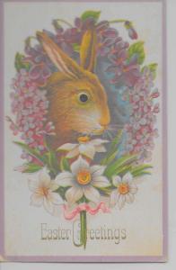 Easter Greetings flower wreath bunny with attached googly eye antique pc Z17931