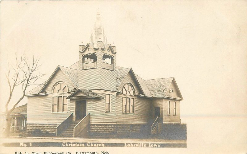 Postcard RPPC Iowa Lohrville Christian Church roadside occupation 23-11419