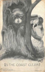 Romantic  IS THE COAST CLEAR  Bear In Tree Hollow~Couple Kissing  1911 Postcard