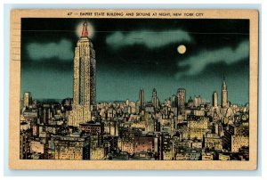 1940 World Fair STA N.Y. Empire State Building and Skyline At Night NY Postcard