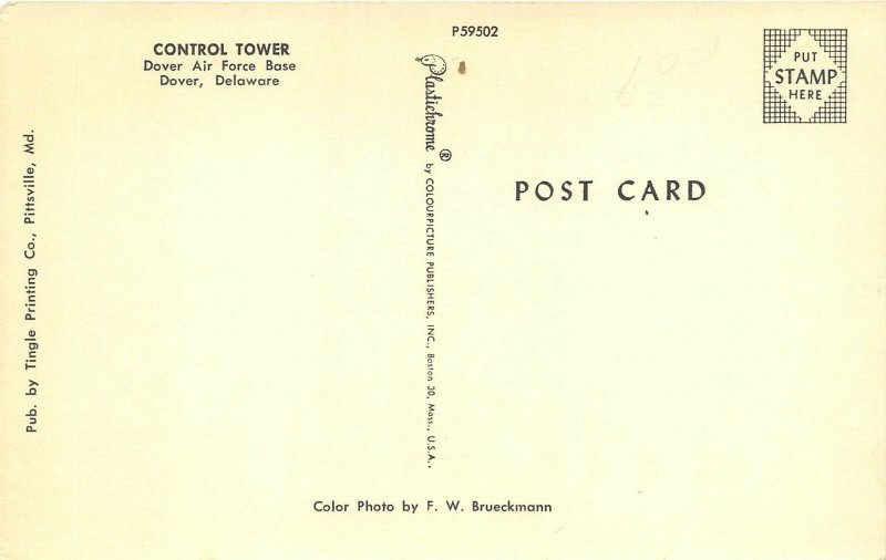 Dover Delaware 1950s Postcard Control Tower Dover Air Force Base