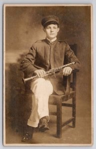 Troy City Attractive Young Man Band Member With Clarinet Real Photo Postcard J32