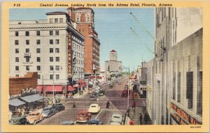 Phoenix AZ Central Avenue looking North from Adams Hotel 1949 Linen Postcard H25