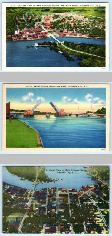 3 Postcards ELIZABETH CITY, North Carolina SC ~ BUSINESS SECTION & BRIDGE 1940s 