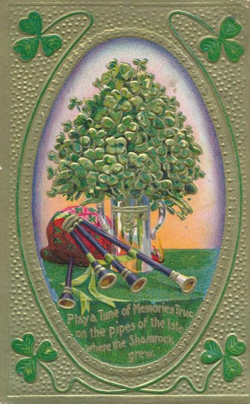 St Patricks Day Greetings - Bag Pipes and Shamrocks - pm 1910 - DB