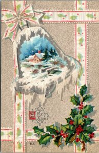 Vtg Merry Christmas Xmas Farm House Silver Gilt Bell Holly Embossed Postcard