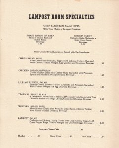 1940-50s Vintage Restaurant Menu - The LAMPOST The Boise Western Hotel Idaho