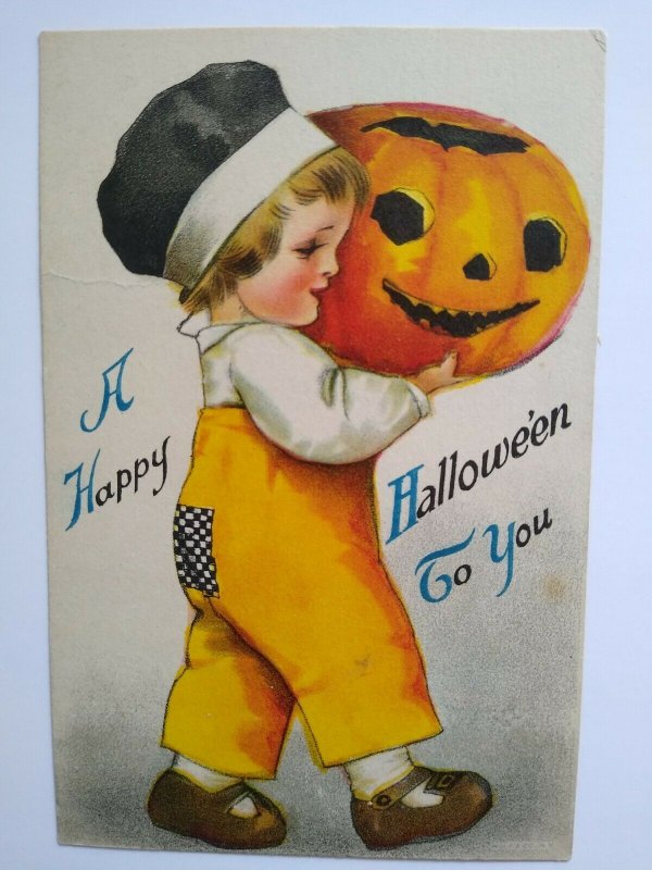 Halloween Postcard Ellen Clapsaddle Antique Wolf Series 1 Unused Child With JOL 