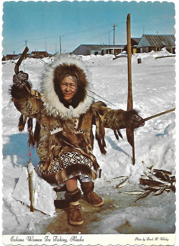 Eskimo Woman Ice Fishing Catching Tom Cod  Alaska 4 by 6