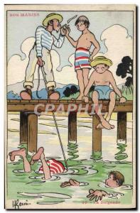 Old Postcard Boat War Sailors Illustrator Gervese Swimming