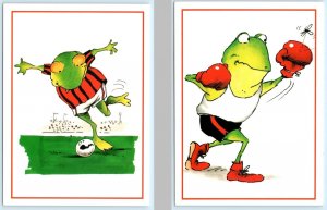 2 Postcards SILVEY JEX Artist Signed ~ Boxing & Soccer WHIMSICAL FROGS 4x6