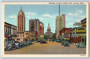 c1940's Michigan Avenue Looking West Street View Cars Lansing Michigan Postcard