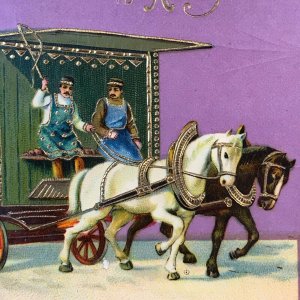 Dresden Gilt Horses Pulling Wagon Man Whip New Year Embossed Gel Postcard