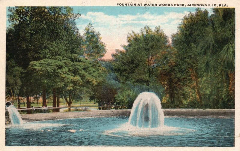 Vintage Postcard 1923 Fountain At Waterworks Park Jacksonville Florida C.T. Art