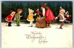 Christmas~Germany~Old Style Santa Hands Out Toys To Winter Kids~1928 ART DECO