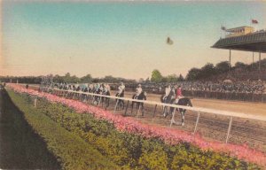 Elmont New York parade to the post Belmont Park hand-colored antique pc BB231