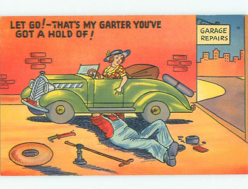 Unused Linen comic WOMAN COMPLAINS CAR MECHANIC GRABBED HER GARTER k3975