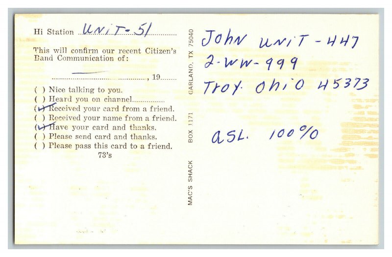 Postcard QSL Radio Card From Troy Ohio KABG-2862 