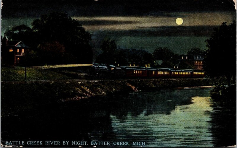 Postcard Night View of Battle Creek River in Battle Creek, Michigan~4501 