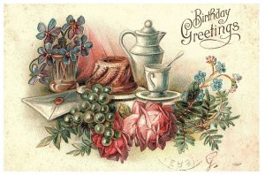 Birthday Greetings Antique Postcard w/ Tea Set  Embossed Postcard 1906