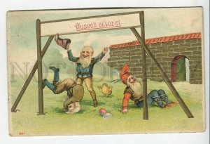 439089 EASTER Play GNOME Dwarf Chicken Vintage postcard EMBOSSED 1914 year