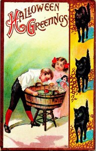 1910's Florence Bamberger Vintage Halloween Postcard  Black Cats and Children