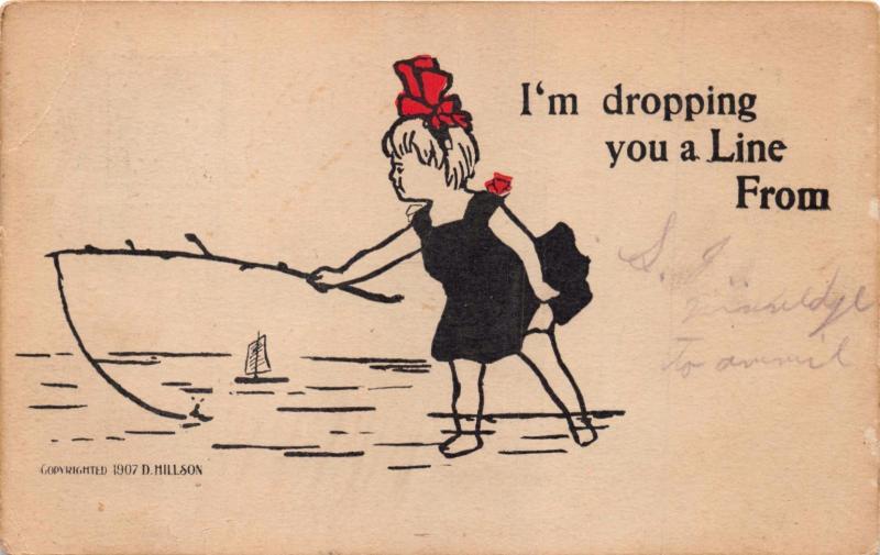 LAPAZ INDIANA POSTMARK~GIRL FISHING~I'M DROPPING YOU A LINE FROM~POSTCARD 1907