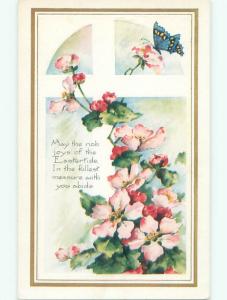 Unused Pre-Linen easter religious BLUE BUTTERFLY ON PINK FLOWER WITH CROSS J2050