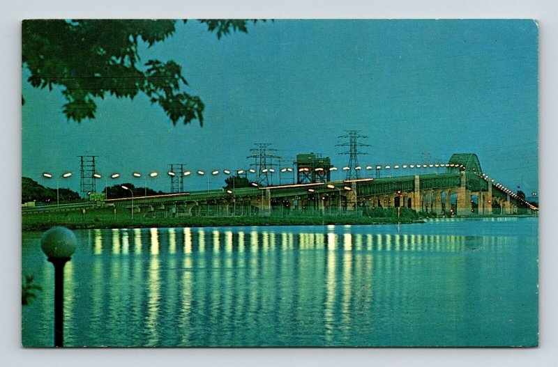 Burlington Skyway Hamilton Ontario Canada Scenic Night View Chrome Postcard 