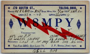 1935 QSL Radio Card Toledo Ohio W8MPY J.F. Boza Posted Postcard