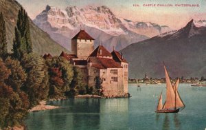 Castle Chillon Massive Walls Towers Ships Switzerland Vintage Postcard c1910