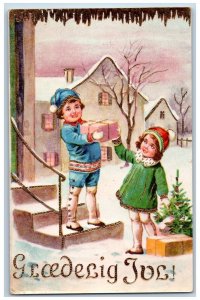 Christmas Postcard Children With Gifts Winter Scene Gel Gold Gilt c1910s Antique