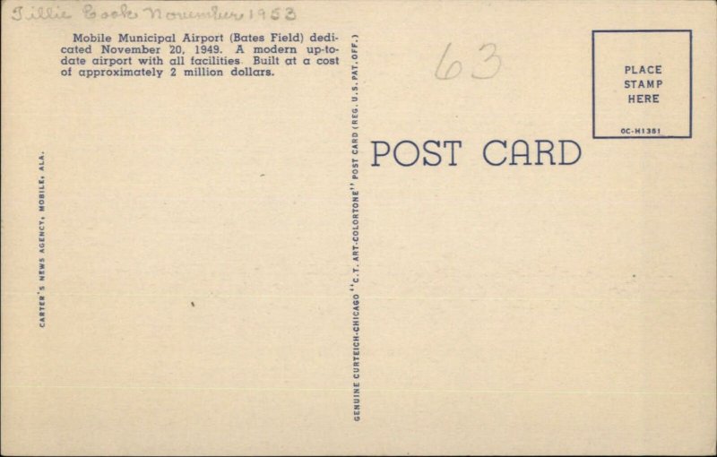 Mobile AL Municipal Airport Linen Postcard