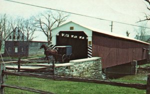 Postcard An Amish Wagon Passes Over Covered Bridge Leb Wohl From Pennsylvania