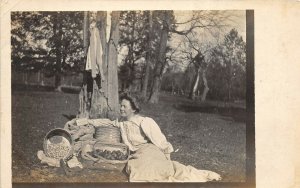 1910s RPPC Real Photo Postcard Woman With Apple Basket & Maple City Box