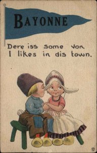 Bayonne New Jersey NJ Dutch Couple Romance Pennant Vintage Postcard