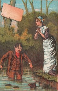 1880-90's Man Falls into Water as Woman Watches Well Dressed Trade Card