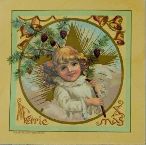 1883 Victorian Christmas Trade Card Graphic Adorable Girl Gold Star Bells #1 P43