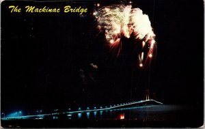 Night Scene Lighted Mackinac Straits Bridge Fireworks Note 3c Stamp PM Canceled 