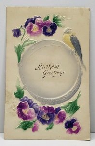 Birthday Greeting Embossed Airbrushed Flowers and Bird Postcard G17