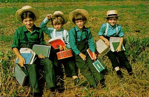 Pennsylvania Dutch Country Group Of Amish School Boys Resting Along The Road