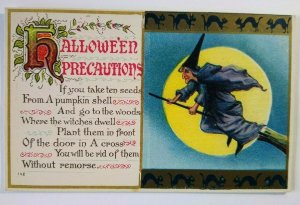 Halloween Postcard Precauctions Witch Broom Black Cats Moon Series 142 Original 