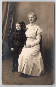 RPPC Pretty Victorian Woman Blonde White Hair with Child Portrait Postcard L40