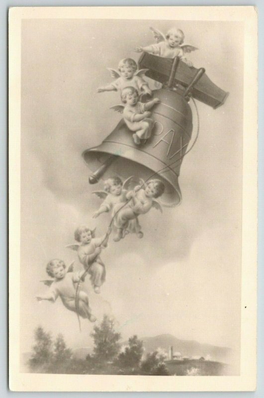 Czech Christmas~Cherub Angels Ride Bell Thru Clouds~Hang on Pull Rope~1955 RPPC 