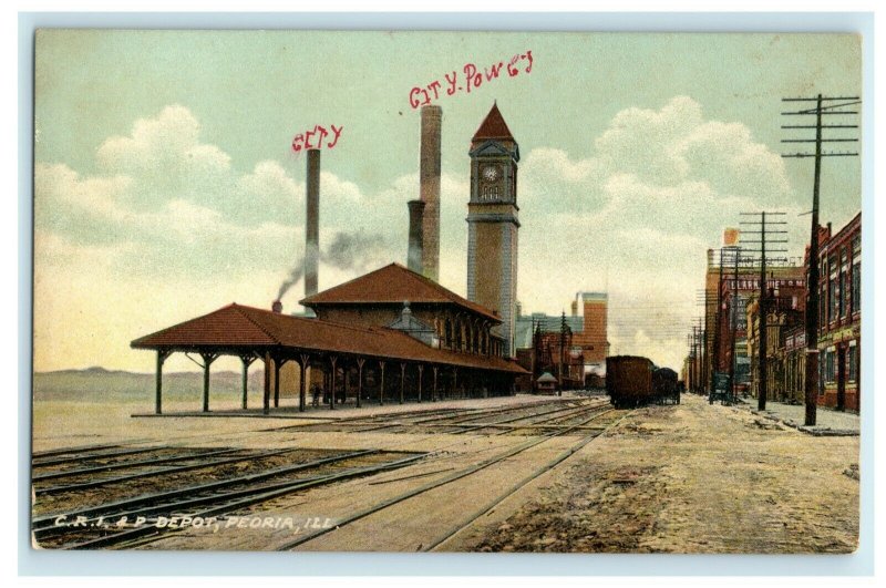 c1910 CRI&P Depot Peoria Illinois IL Posted Antique Postcard 